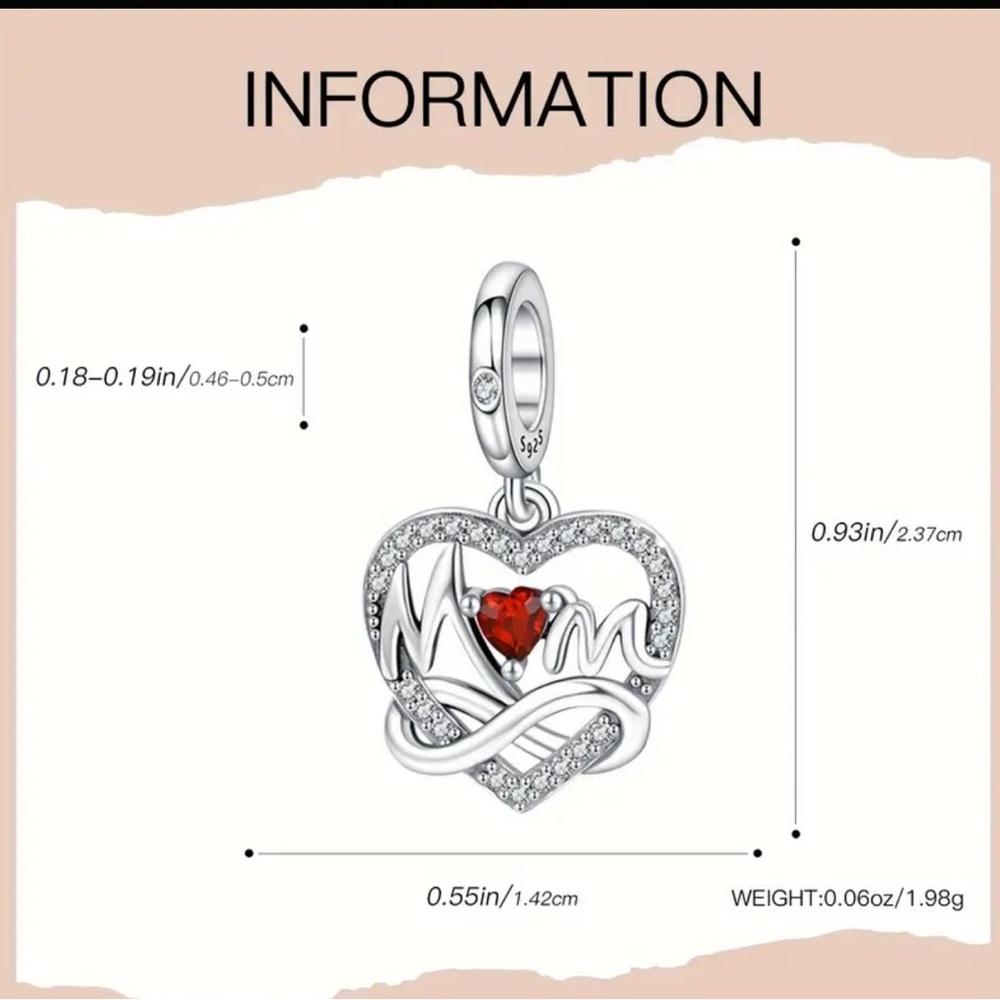 Pandora 925 Silver Heart Infinity “Mom” Charm Pendant with Red Gemstone - Picture 2 of 8